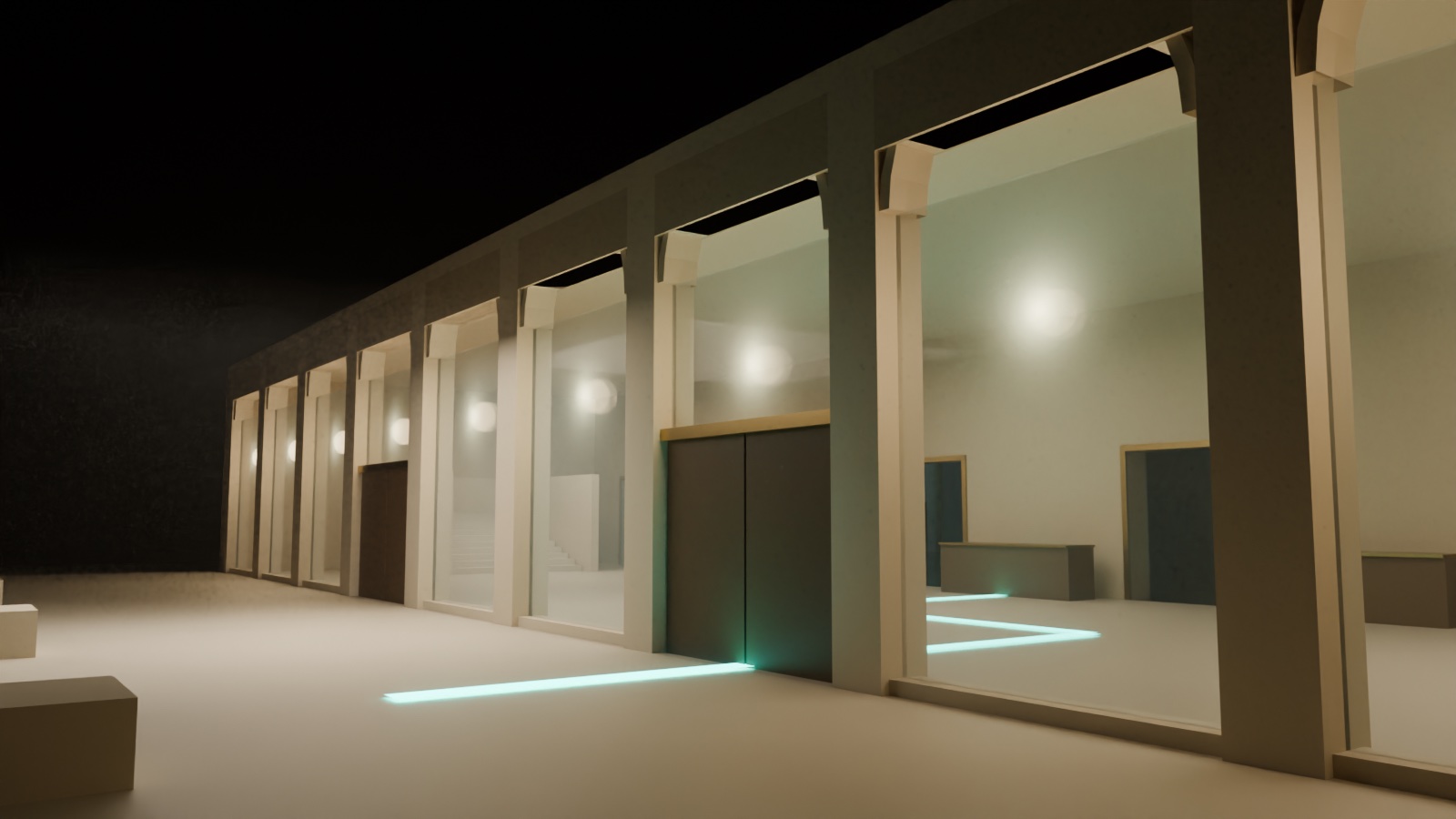 Night colonnade at the car drop, a teal light line under the doors