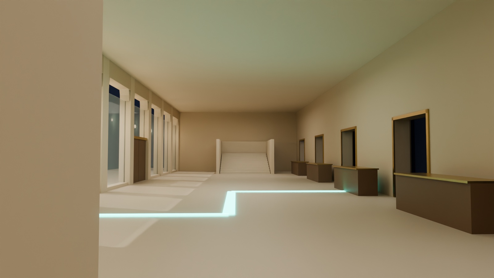 The 41 m registration gallery with desks and the light line