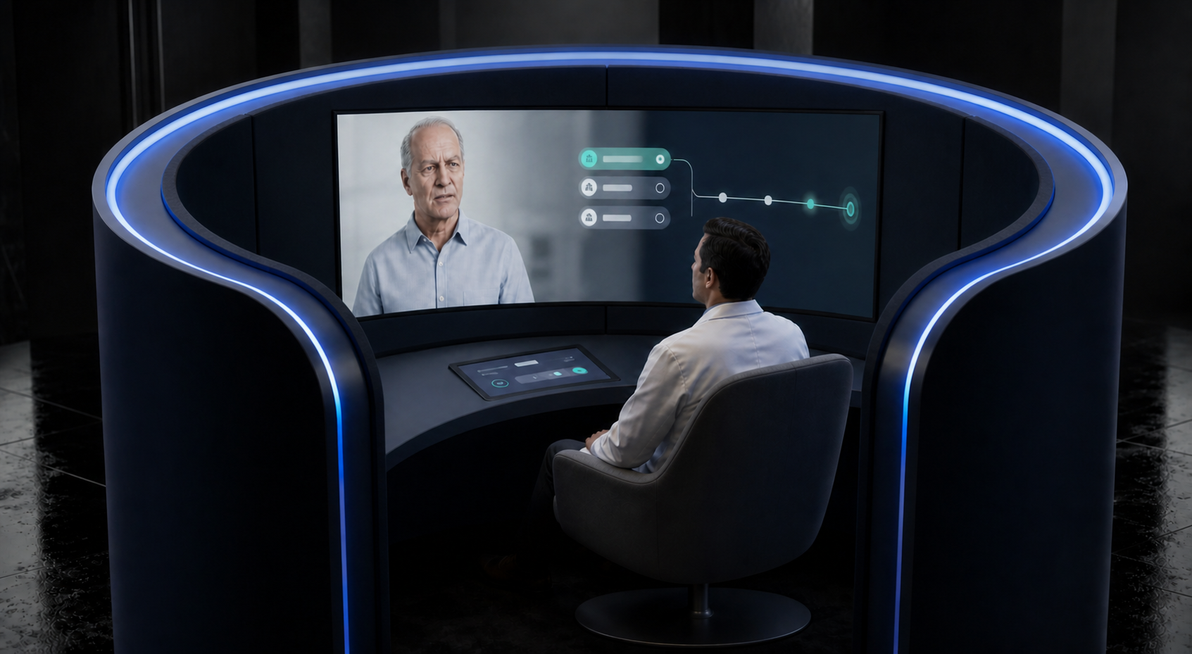 A circular open Case Navigator shell frames a standard flat screen for a seated HCP