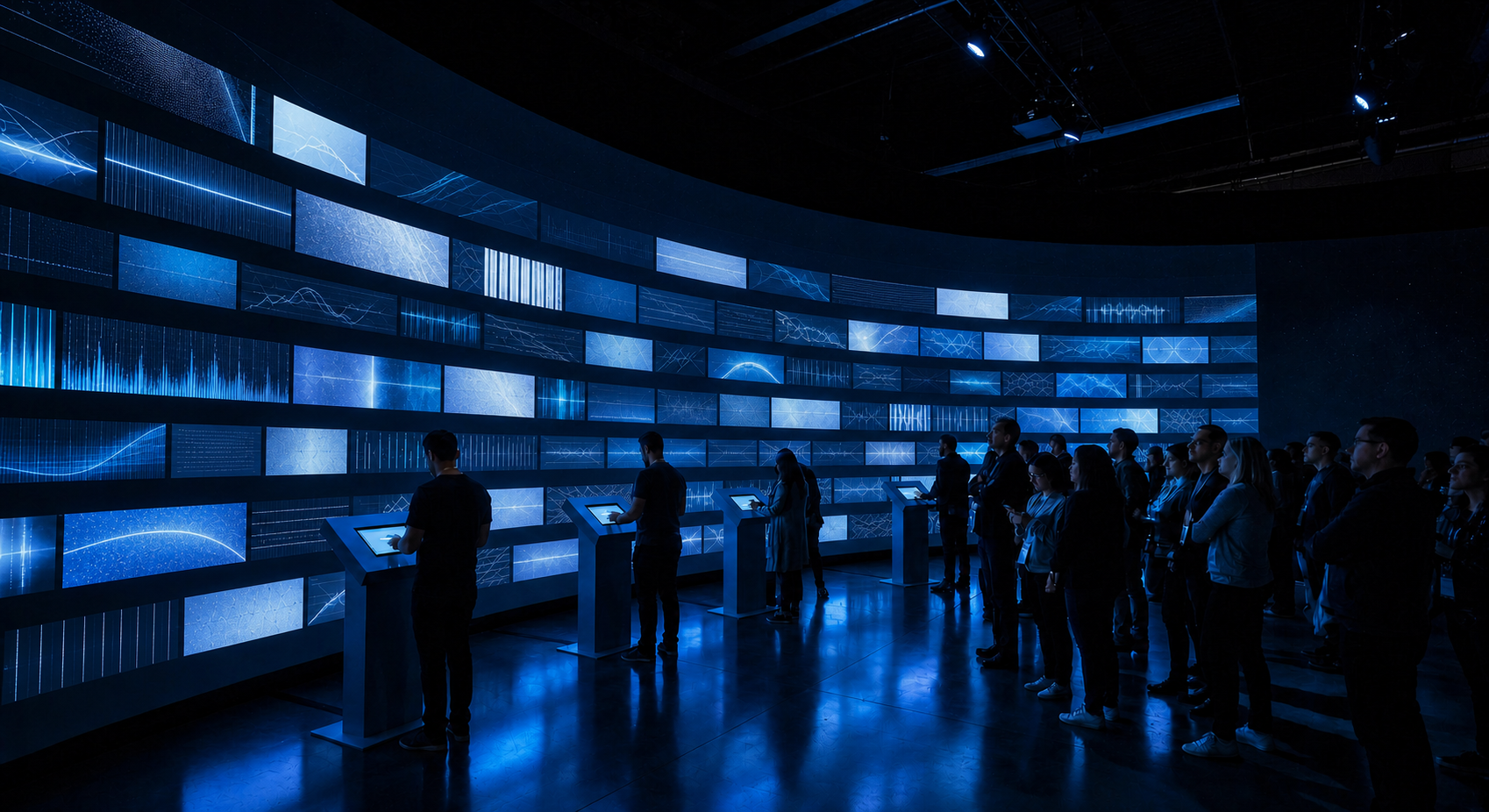 Concept visualisation of the curved Evidence Explorer wall and touch stations