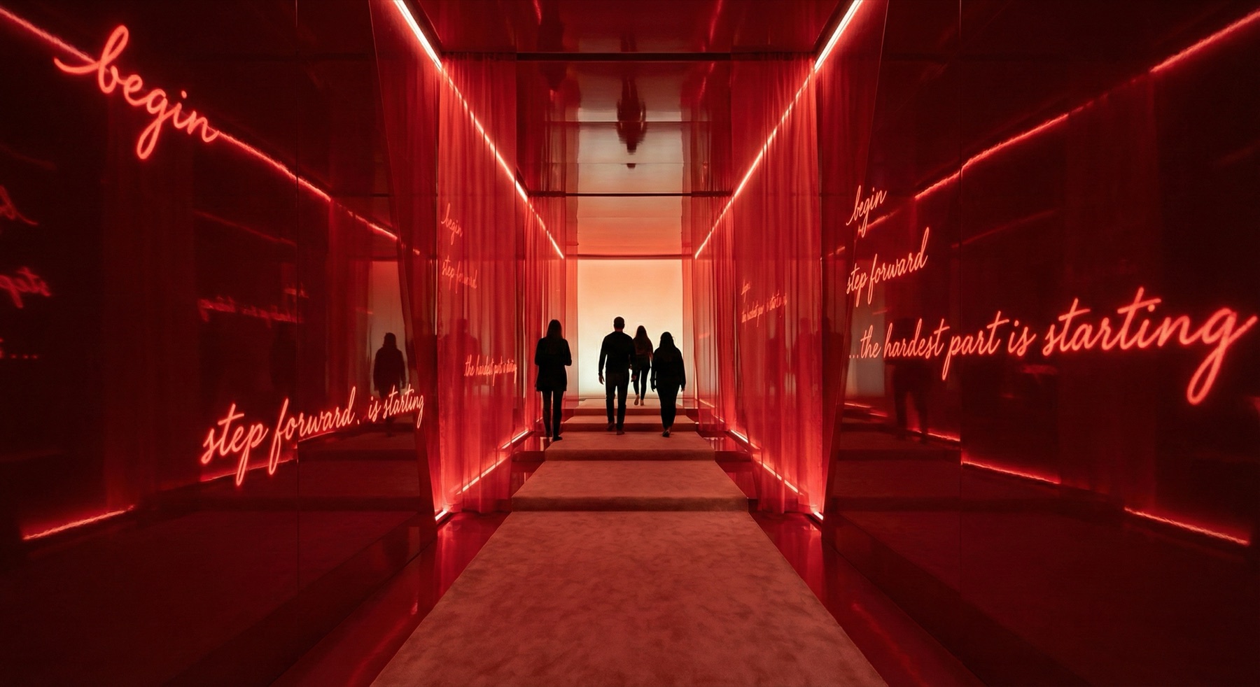 A corridor of glowing words on fabric