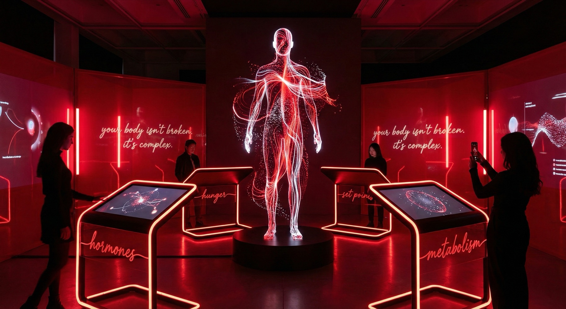 A hologram body and four touch tables