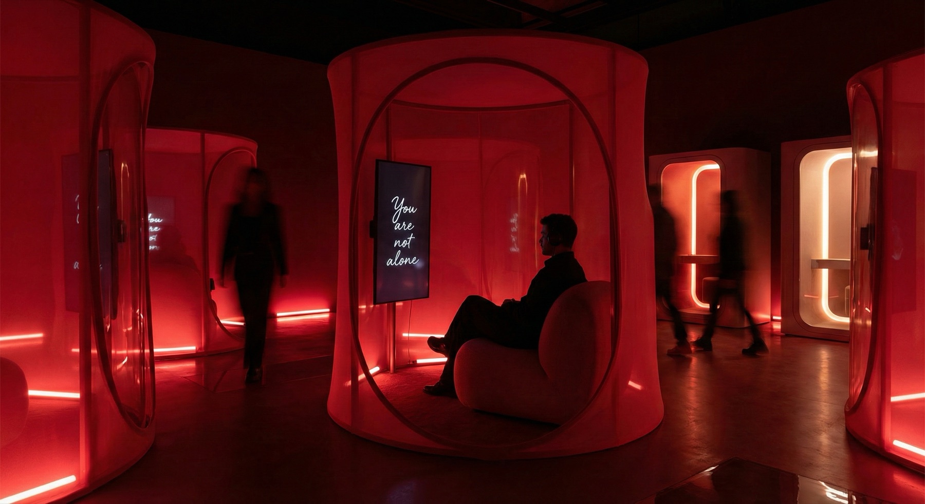 Frosted story pods with a you are not alone screen