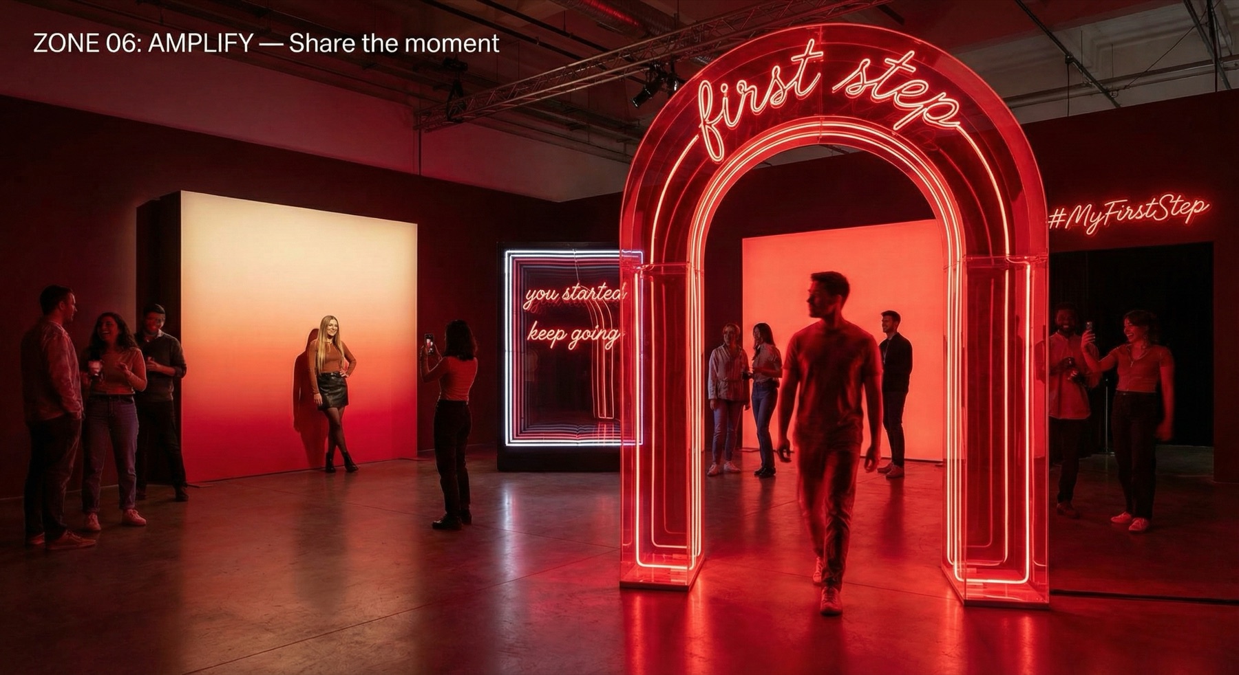 A neon first step arch and an infinity mirror