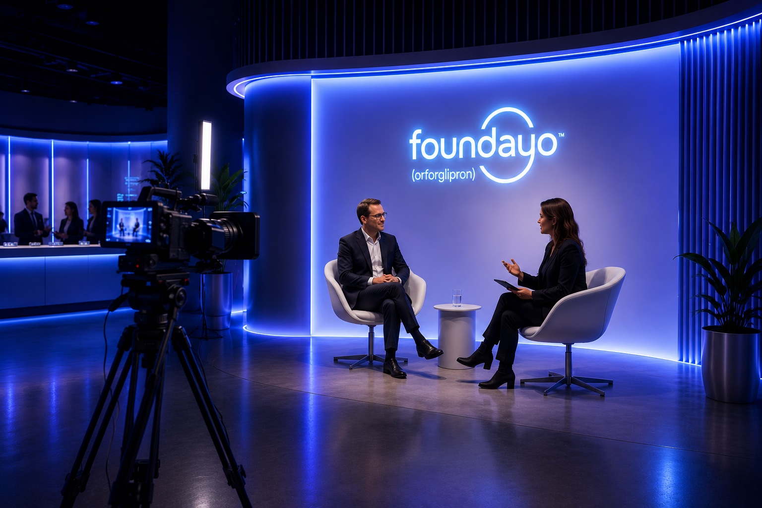 Interview set with camera and backdrop